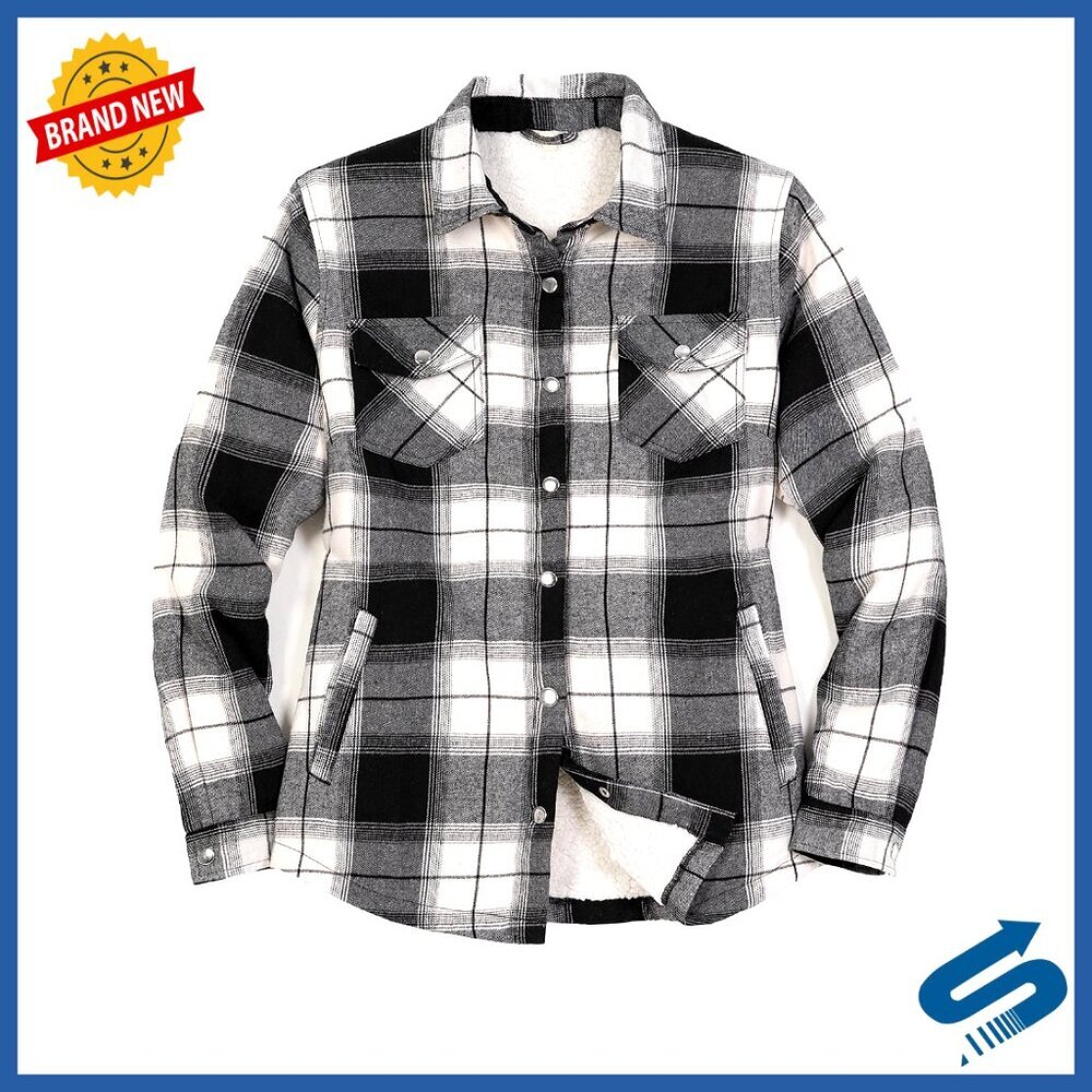 Sherpa-Lined Flannel Shirt Jacket, Snap Button Front, Plaid Shacket